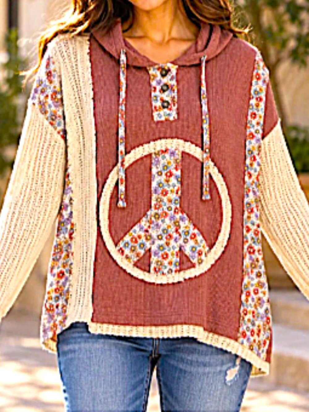 POL Peaceful Moment Boho Knit Patchwork Oversized Hoodie Top--EUC--M